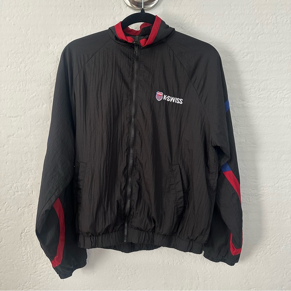 Forever 21 K Swiss Black Wind Breaker Jacket with‎ Red and Blue Details